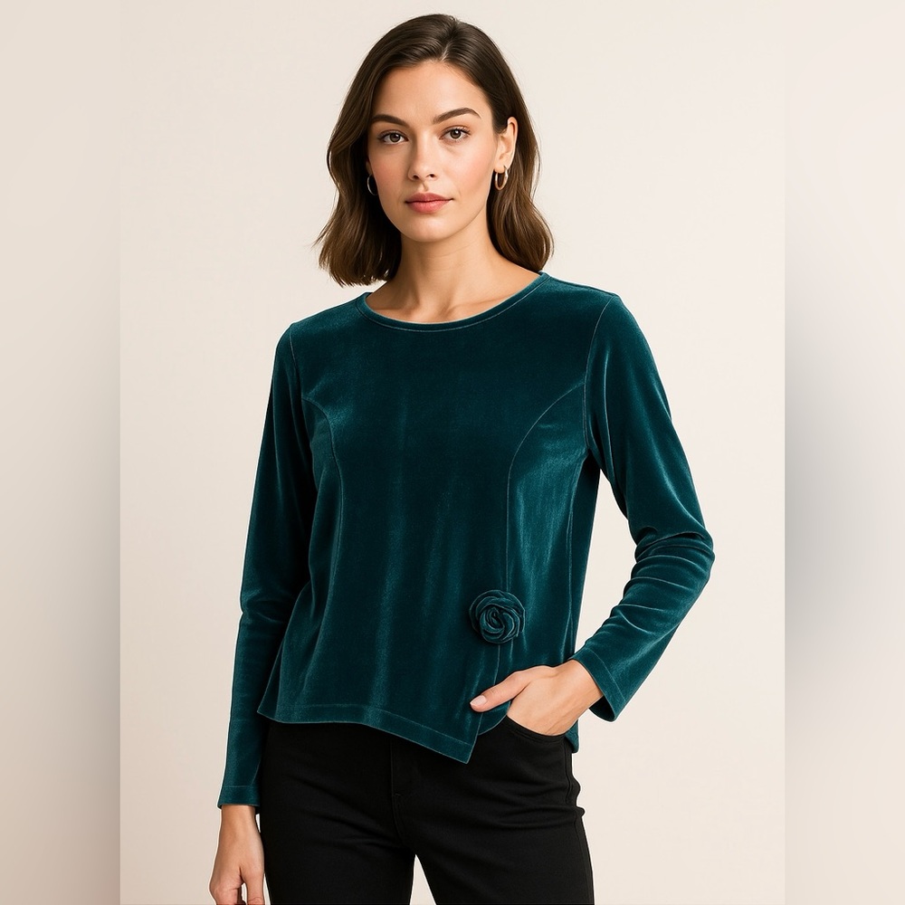 Soft Surroundings Velvet Rosette Blouse Teal Size X-large